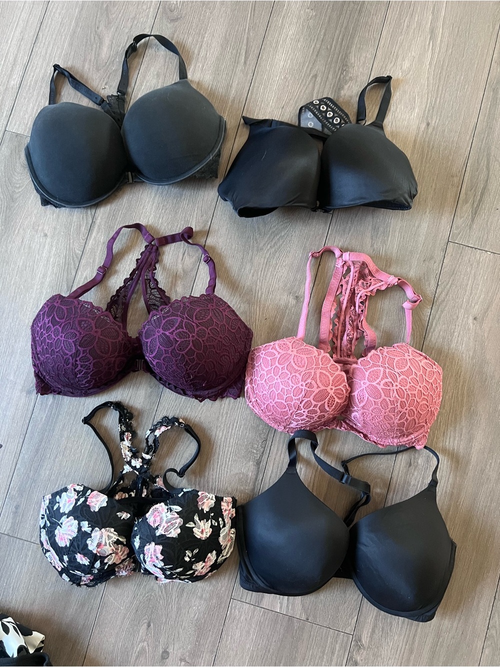 PINK Victoria's Secret Mixed Lace & T-Shirt Bra Set - Black, Pink, Plum, Floral